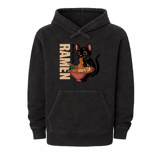 Black Cat Ramen Illustration Mineral Wash Hoodies