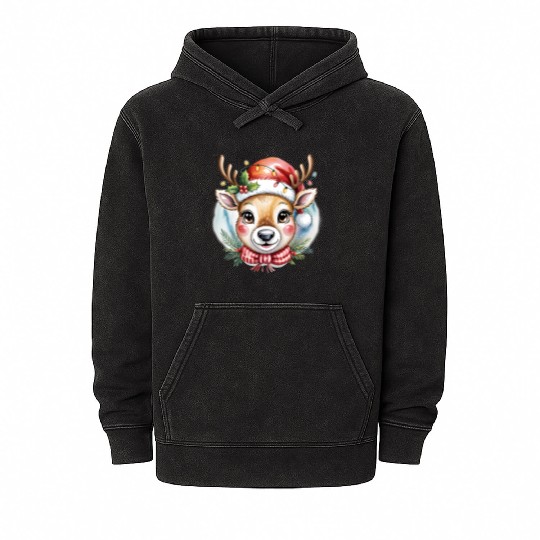 Cute Rudolph Reindeer Watercolor Christmas Art Mineral Wash Hoodies