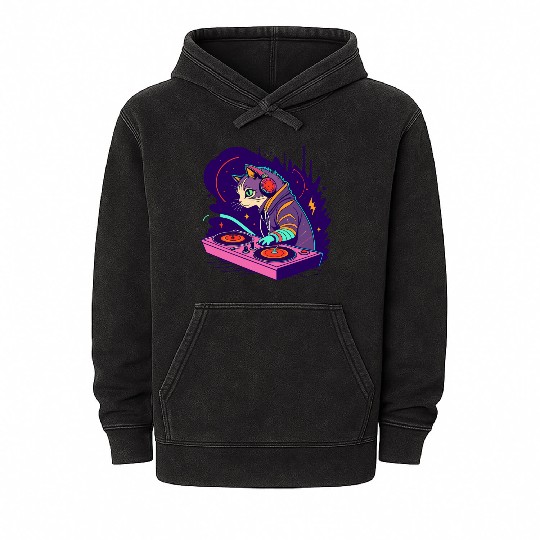 Cosmic Cat DJ Mineral Wash Hoodies