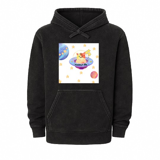 Whimsical Cat in Space with Star Balloons Mineral Wash Hoodies