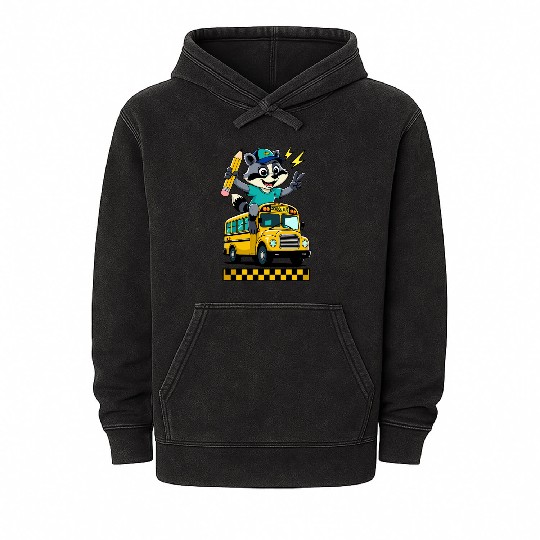 back-to-school-Cute Raccoon Student on School Bus  Mineral Wash Hoodies