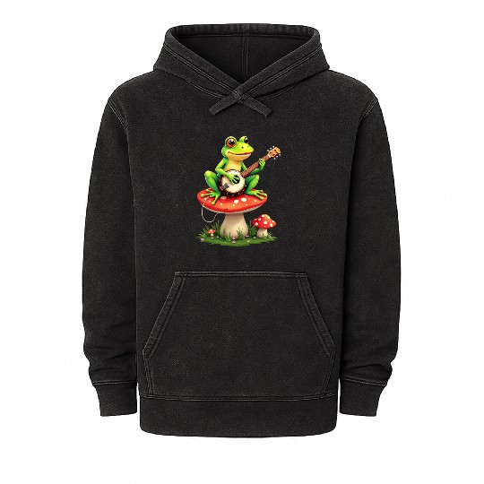 Whimsical Frog Playing Guitar on Mushroom Mineral Wash Hoodies