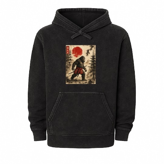 Samurai Bigfoot Japanese Vintage Graphic Ukiyo-e  Mineral Wash Hoodies