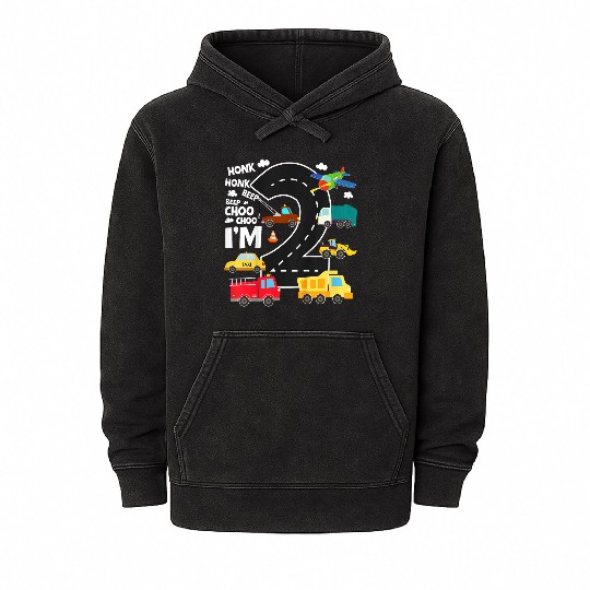 Kids Birthday 2 Traffic Vehicles Number Two Design Mineral Wash Hoodies