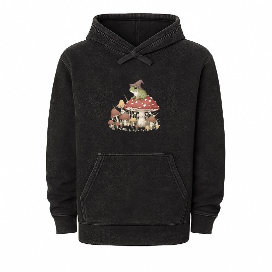 Whimsical Forest Frog in Magic Mushroom Scene Mineral Wash Hoodies