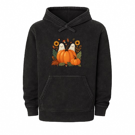 Cute Halloween Ghosts with Pumpkins and Autumn Mineral Wash Hoodies