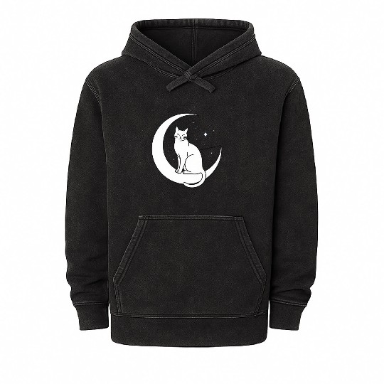 Magical Cat on Crescent Moon "Aniverse Cats" Mineral Wash Hoodies
