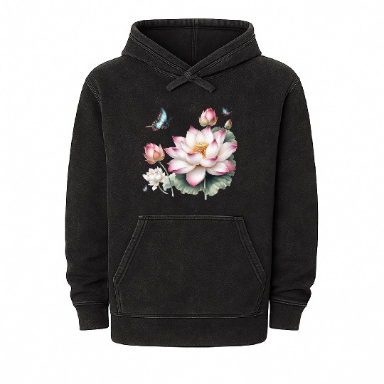 Light Pink Lotus and Butterflies  Mineral Wash Hoodies