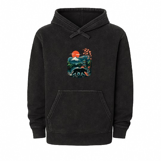 Serene Japanese Landscape with Mount Fuji Mineral Wash Hoodies