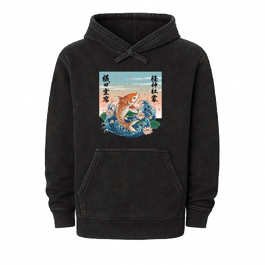 Koi Fish and Lotus Harmony Design Mineral Wash Hoodies