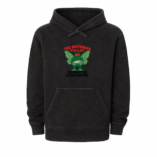 The Mothman Stole My Catalytic Converter – Green M Mineral Wash Hoodies