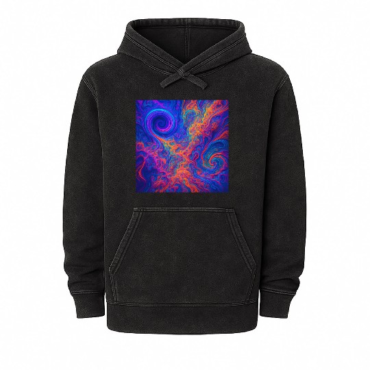 Psychedelic Vortex Swirl in Neon Cosmic Colors Mineral Wash Hoodies