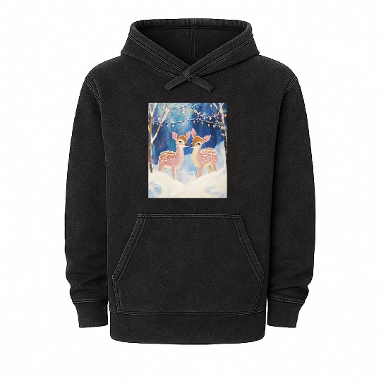 Enchanted Winter Deer Scene Mineral Wash Hoodies
