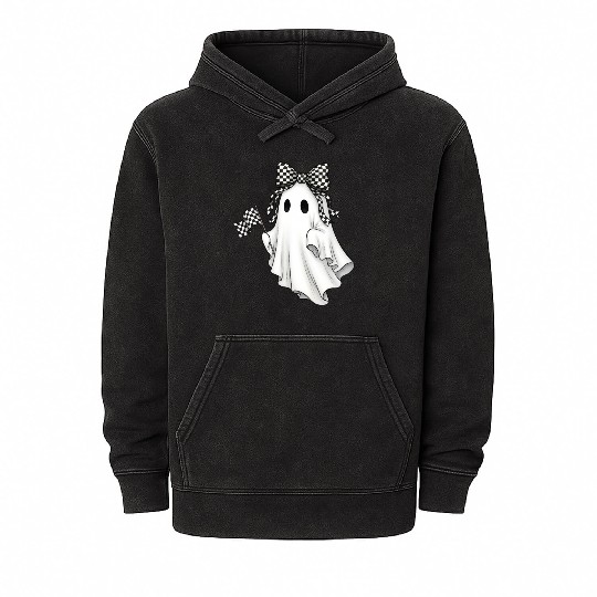 Ghost Boo Checkered Bow Race Day Racing Flag Racer Mineral Wash Hoodies