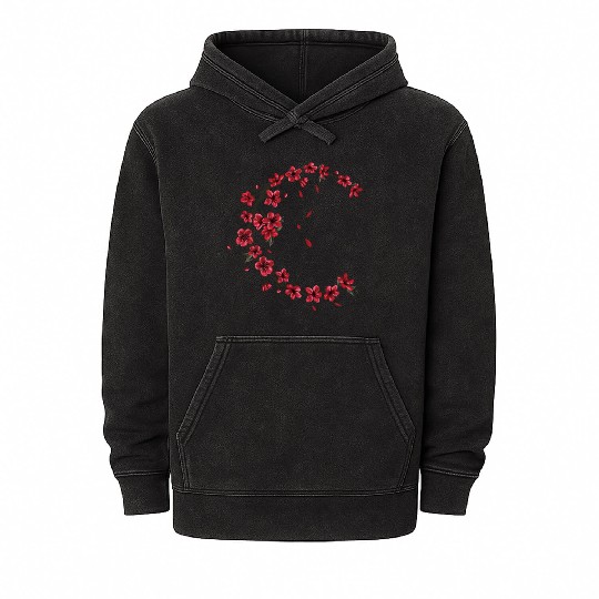 Red Moon Cherry Blossom Sakura Flower Design Mineral Wash Hoodies
