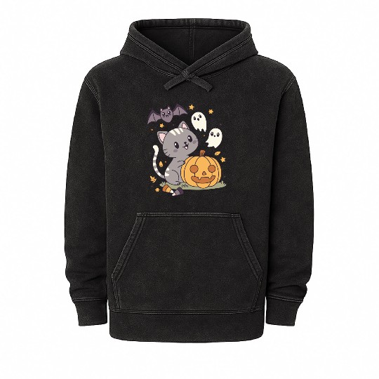 Halloween Kawaii Cat Bat Pumpkin Mineral Wash Hoodies