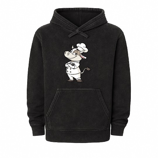 Charming Cow Chef Cartoon Illustration Mineral Wash Hoodies