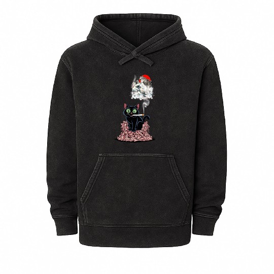 Black Cat Smoking Cigarette Catzilla Mineral Wash Hoodies