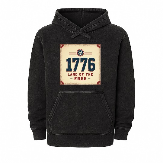 1776 Land of the Free Patriotic Emblem Mineral Wash Hoodies