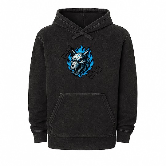 Fierce Wolf Skull with Blue Flames Mineral Wash Hoodies