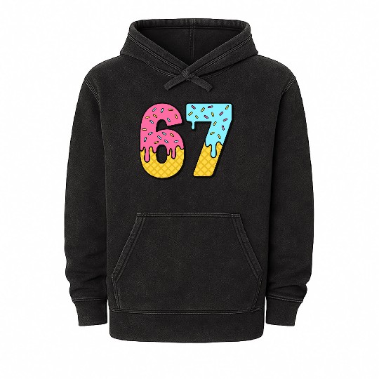 Six Seven Meme Ice Cream Drip Waffle Cone Funny 67 Mineral Wash Hoodies