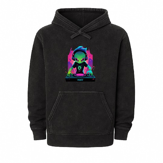 A cute chibi-style alien dark DJ Mineral Wash Hoodies