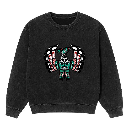 Native American Red Black Green Haida Thunderbird Mineral Wash Sweatshirts