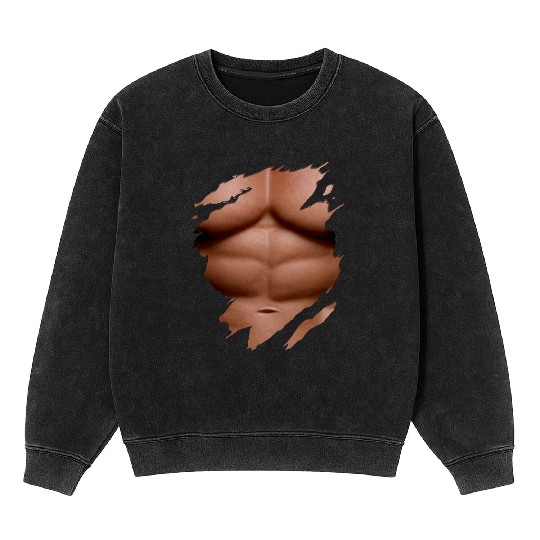 Ripped Mineral Wash Sweatshirts Chest Six Pack Abs Muscles