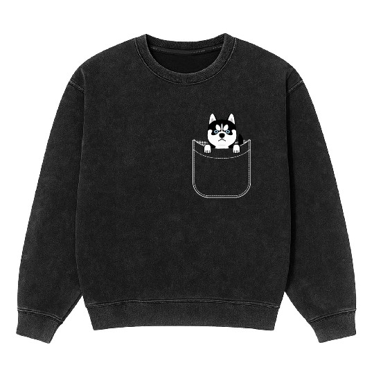 Husky In Pocket Funny Cute Puppy Expression Mineral Wash Sweatshirts