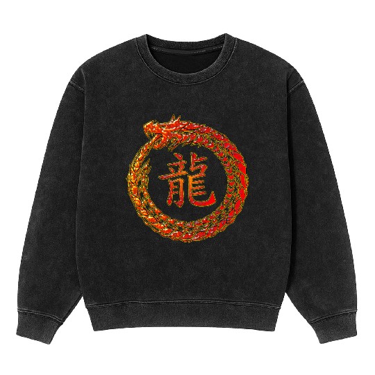 Fire Dragon In Circle with Chinese Dragon Symbol Mineral Wash Sweatshirts