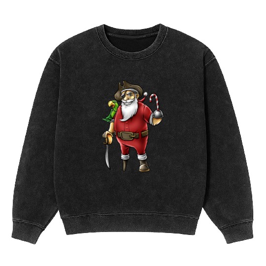 Santa Pirate Funny Christmas Candy Cane Hook Hand Mineral Wash Sweatshirts