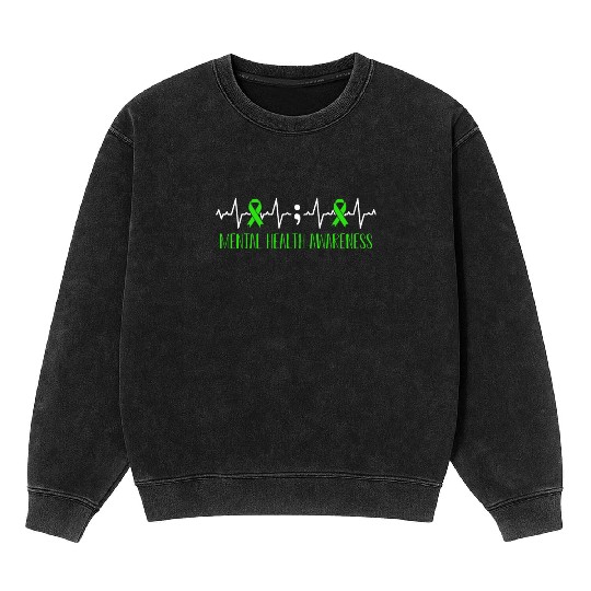 Green Ribbon Heart Beat Mental Health Awareness Mineral Wash Sweatshirts
