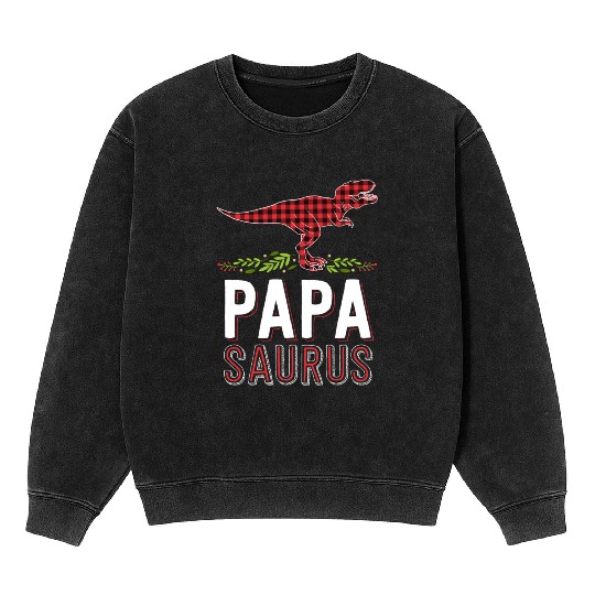 Papa Saurus T Rex Dad Red Plaid Matching Family Mineral Wash Sweatshirts