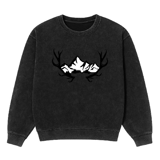 Deer antlers, snowy mountains and forest Mineral Wash Sweatshirts