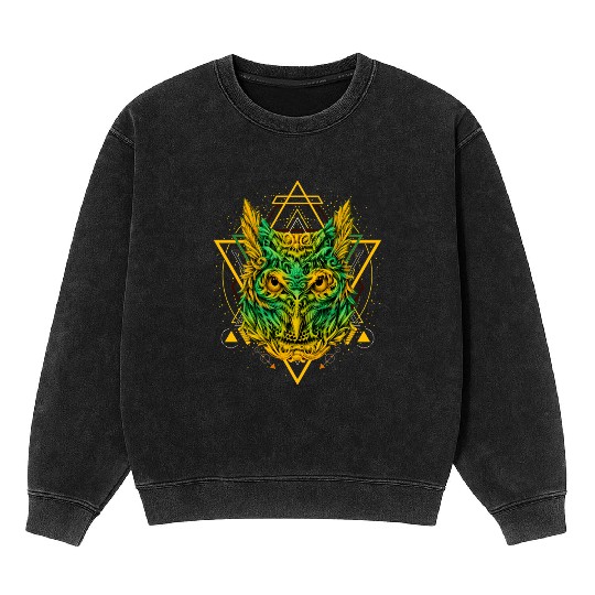 Tribal Owl Mineral Wash Sweatshirts Sacred Geometry Astrology