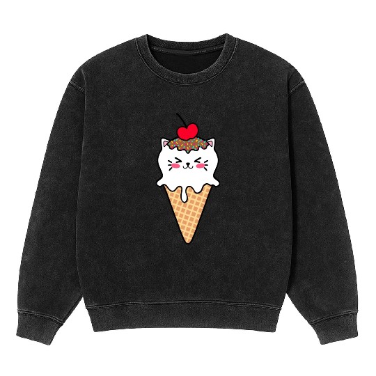Cute funny sweet kitten ice cream cat cartoon Mineral Wash Sweatshirts