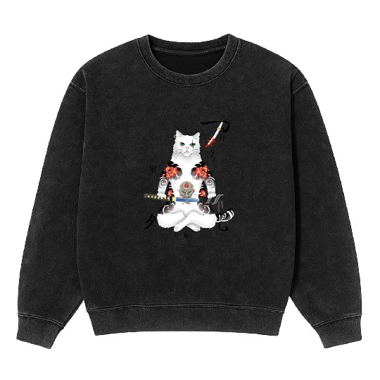 Japanese Samurai Cat Katana Ninja Yakuza Tattoo Mineral Wash Sweatshirts