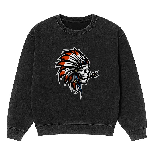 Native American Indian Headdress Skull Mineral Wash Sweatshirts