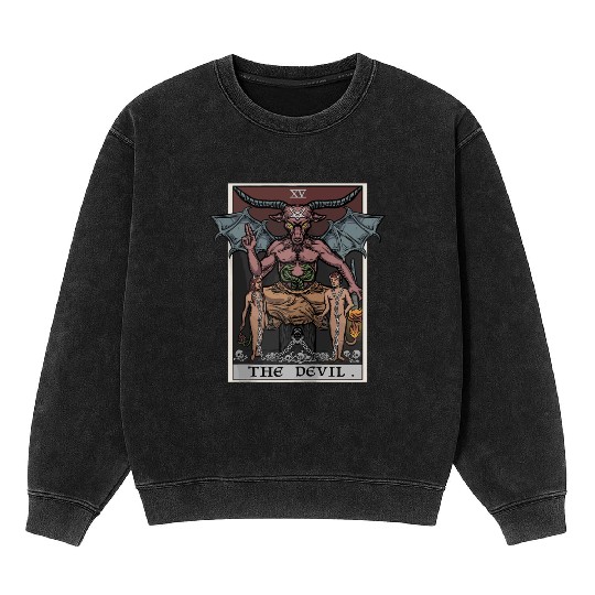 The Devil Tarot Card Halloween Baphomet Satanic Ba Mineral Wash Sweatshirts