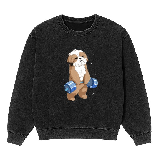 Funny Weight Lifting Fitness Gym Shih Tzu Dog Mineral Wash Sweatshirts