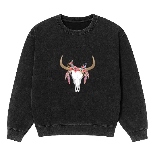 Floral Cow Skull With Feathers Bull Skull Mineral Wash Sweatshirts