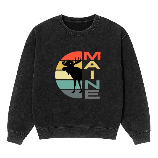 Maine Moose Retro Sunset Acadia Nature Vintage Mineral Wash Sweatshirts