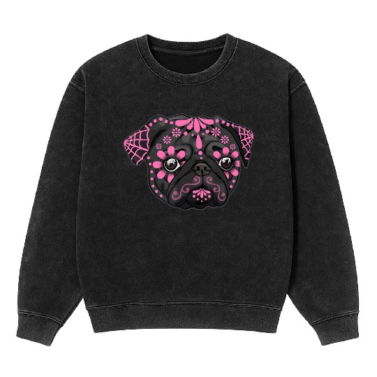 Black Pug Dogs Day of the Dead Sugar Skull Dog Mineral Wash Sweatshirts