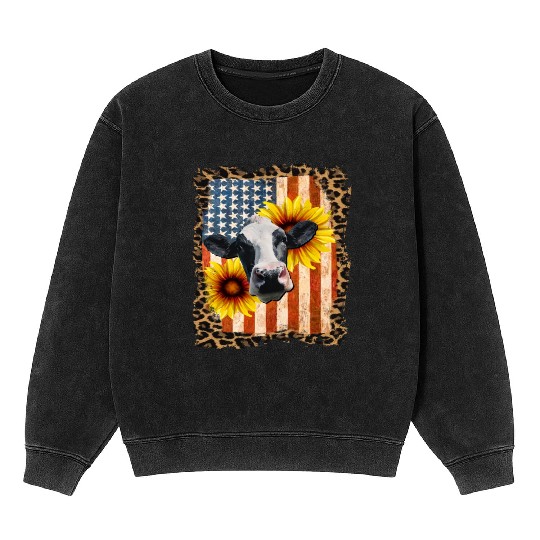 Cow USA with sunflower Mineral Wash Sweatshirts