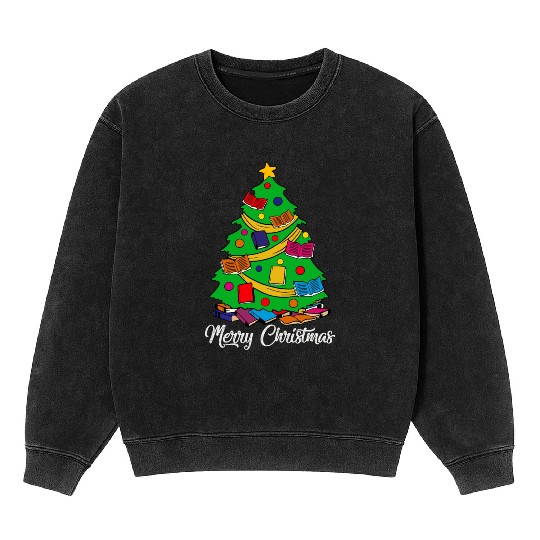 Merry Christmas Tree Love Reading Books Librarian Mineral Wash Sweatshirts