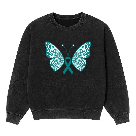 Ovarian Cancer Awareness Teal Ribbon Butterfly Mineral Wash Sweatshirts