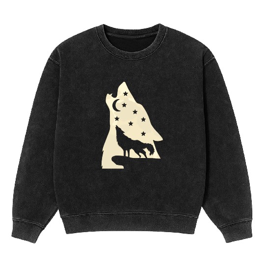 Wolf silhouette howling wolf moonlight Mineral Wash Sweatshirts
