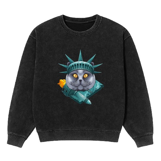 Statue Of Liberty British Shorthair 4th Of July US Mineral Wash Sweatshirts