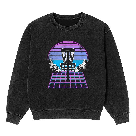 Disc Golf Basket 90s Synthwave Sunset Retrowave Mineral Wash Sweatshirts