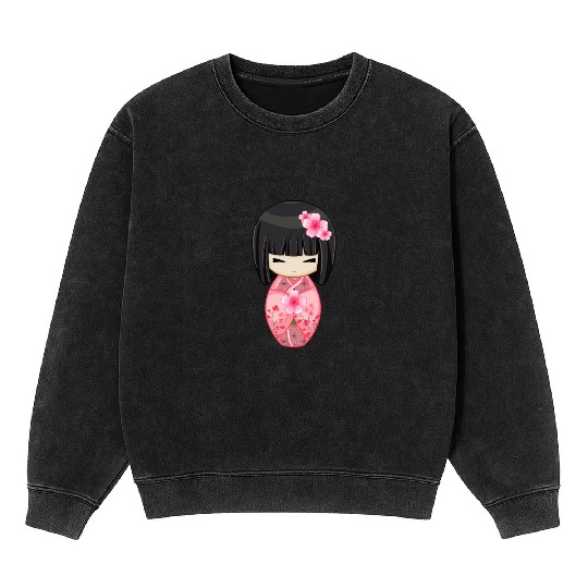 Cherry Blossom Geisha Japanese Kokeshi Doll Mineral Wash Sweatshirts